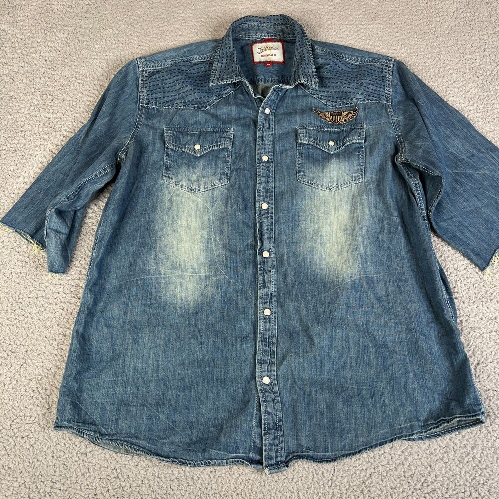 JOE BROWNS Shirt Mens XL Blue Pearl Snap Denim Cotton SHORT SLEEVE Rockabilly